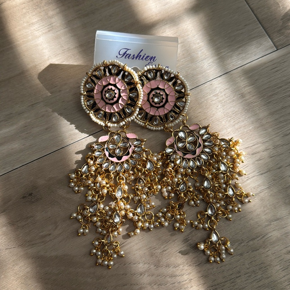 Pink & Gold Kundan Chandbali Earrings – Bridal / Wedding / Festival Jewelry
